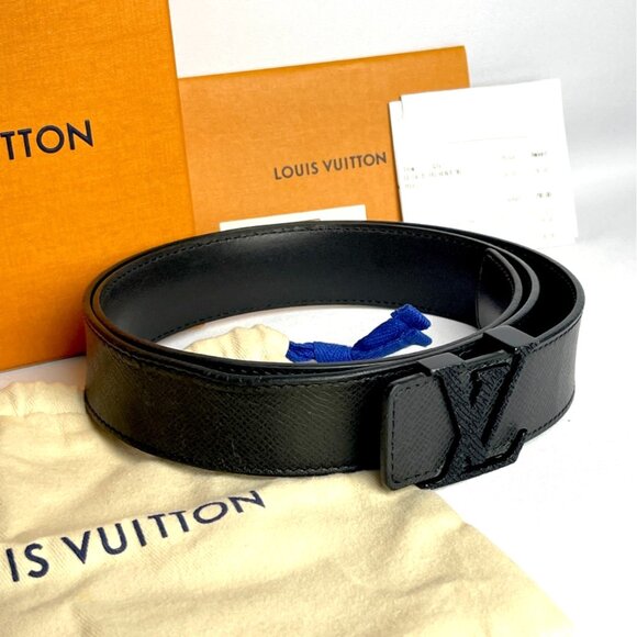 LOUIS VUITTON Black Leather Belt LV Monogram +Box dust bag receipt tag Sz 90/36 - Picture 2 of 14